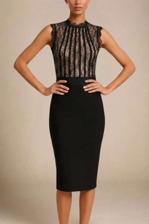 Classic Black Lace Sweetheart Bustier Bandage Panel Sleeveless Bodycon Midi Dress