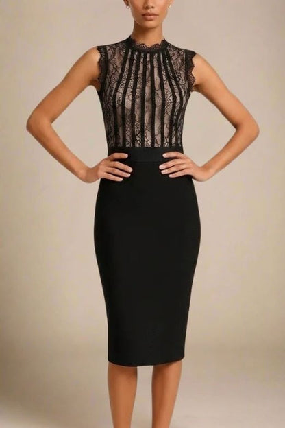 Classic Black Lace Sweetheart Bustier Bandage Panel Sleeveless Bodycon Midi Dress