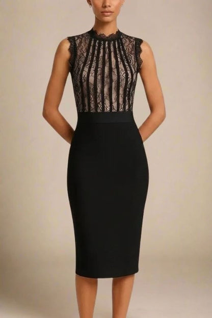 Classic Black Lace Sweetheart Bustier Bandage Panel Sleeveless Bodycon Midi Dress