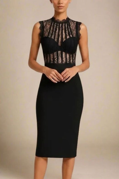 Classic Black Lace Sweetheart Bustier Bandage Panel Sleeveless Bodycon Midi Dress
