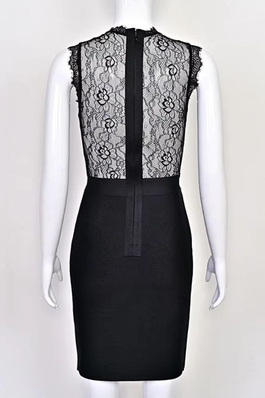Classic Black Lace Sweetheart Bustier Bandage Panel Sleeveless Bodycon Midi Dress
