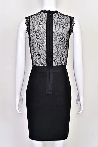 Classic Black Lace Sweetheart Bustier Bandage Panel Sleeveless Bodycon Midi Dress