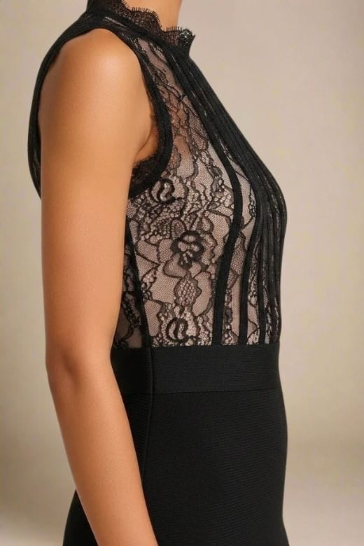 Classic Black Lace Sweetheart Bustier Bandage Panel Sleeveless Bodycon Midi Dress