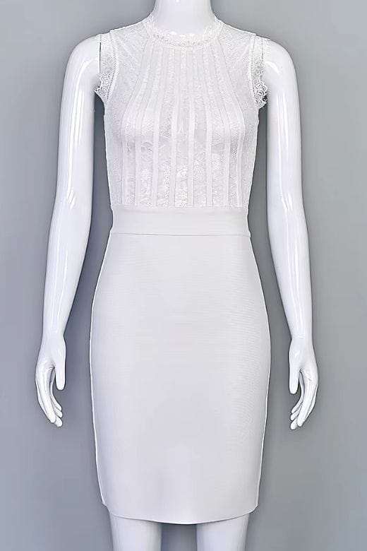 White Pearl Lace Stripe Mock Neck Sleeveless Bandage Bodycon Midi Dress