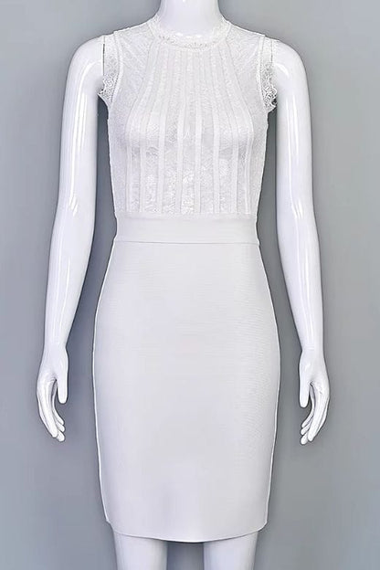 White Pearl Lace Stripe Mock Neck Sleeveless Bandage Bodycon Midi Dress