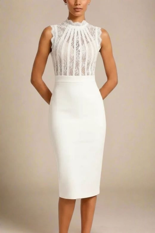 White Pearl Lace Stripe Mock Neck Sleeveless Bandage Bodycon Midi Dress