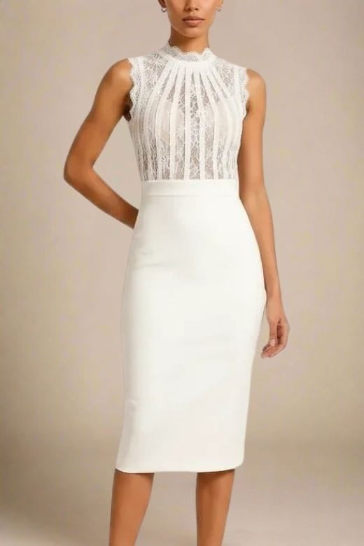 White Pearl Lace Stripe Mock Neck Sleeveless Bandage Bodycon Midi Dress