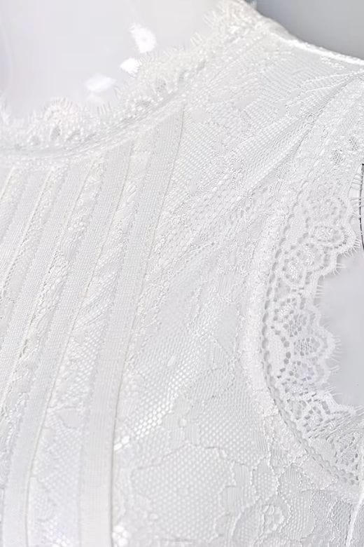 White Pearl Lace Stripe Mock Neck Sleeveless Bandage Bodycon Midi Dress
