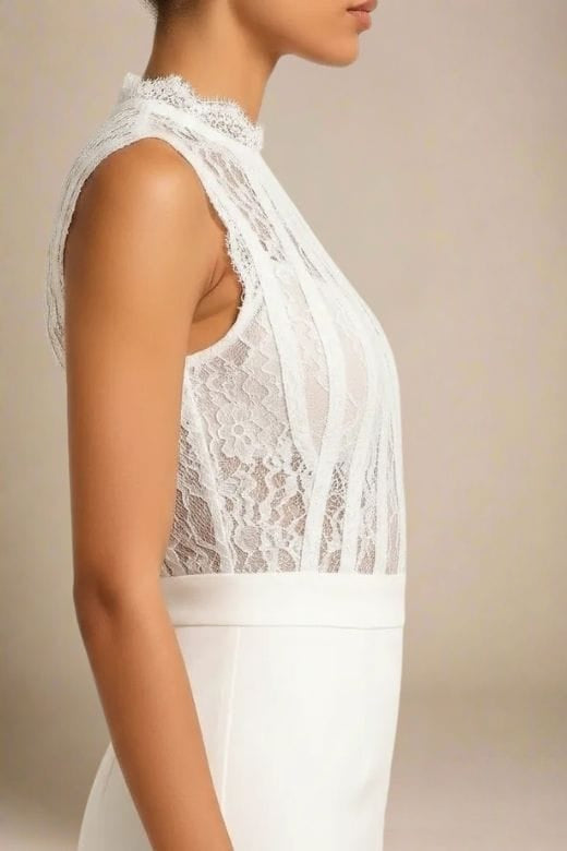White Pearl Lace Stripe Mock Neck Sleeveless Bandage Bodycon Midi Dress