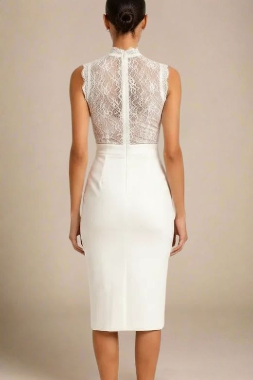 White Pearl Lace Stripe Mock Neck Sleeveless Bandage Bodycon Midi Dress