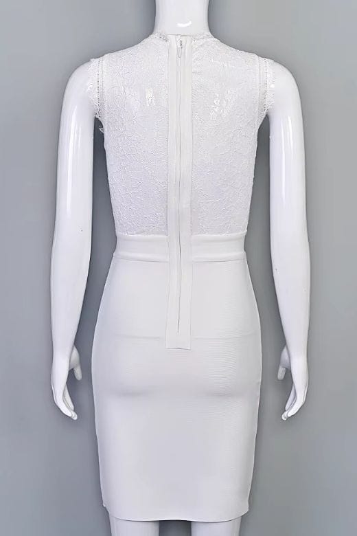 White Pearl Lace Stripe Mock Neck Sleeveless Bandage Bodycon Midi Dress