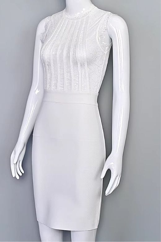 White Pearl Lace Stripe Mock Neck Sleeveless Bandage Bodycon Midi Dress