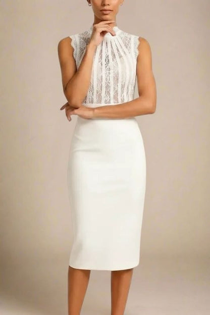 White Pearl Lace Stripe Mock Neck Sleeveless Bandage Bodycon Midi Dress