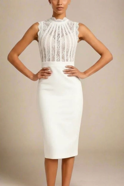 White Pearl Lace Stripe Mock Neck Sleeveless Bandage Bodycon Midi Dress