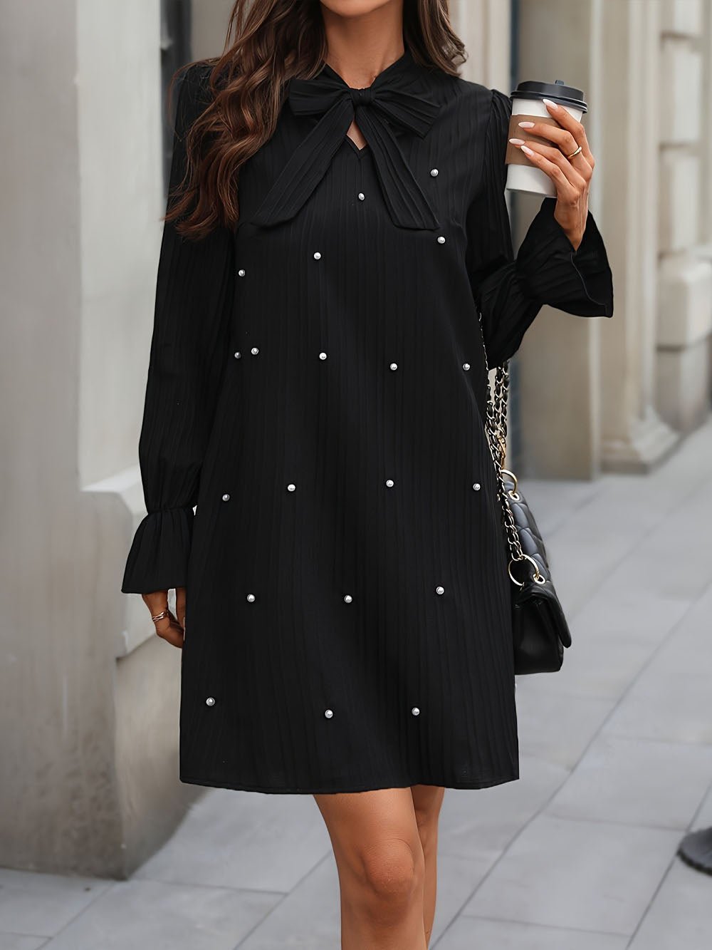 Black Pleated Pussy Bow Neck Long Sleeve Pearl Embellished Shift Mini Dress