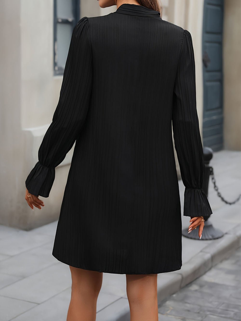 Black Pleated Pussy Bow Neck Long Sleeve Pearl Embellished Shift Mini Dress