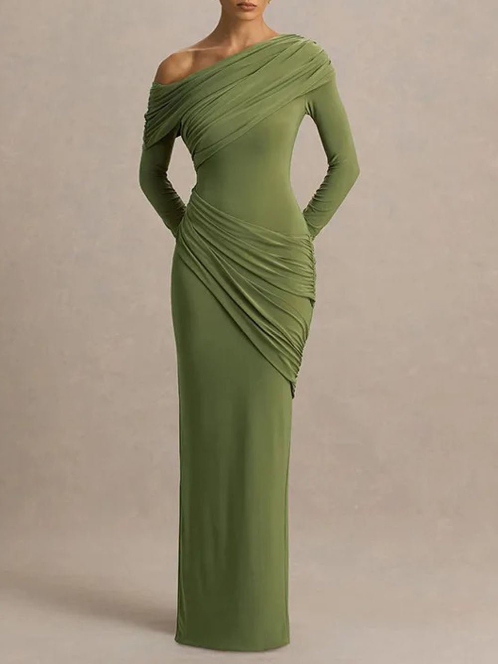 Green One Shoulder Off Shoulder Ruched Drape Long Sleeve Maxi Dress
