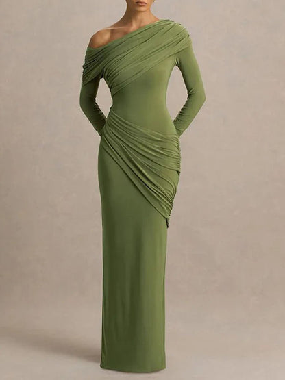 Green One Shoulder Off Shoulder Ruched Drape Long Sleeve Maxi Dress