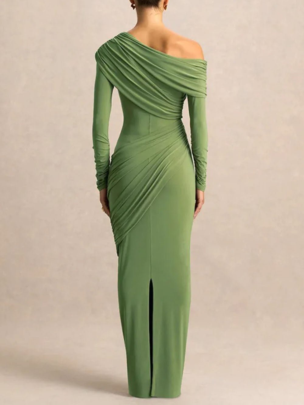 Green One Shoulder Off Shoulder Ruched Drape Long Sleeve Maxi Dress