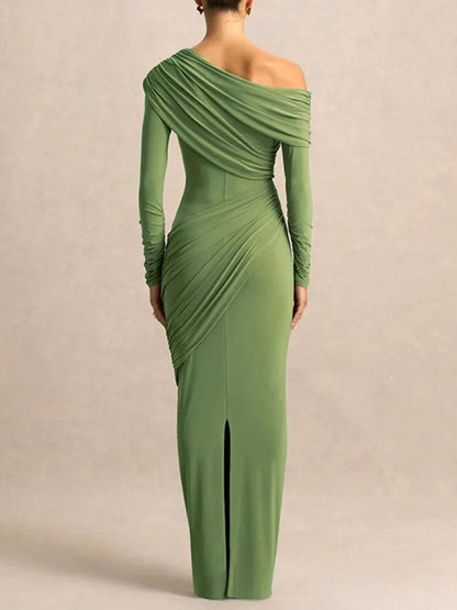 Green One Shoulder Off Shoulder Ruched Drape Long Sleeve Maxi Dress