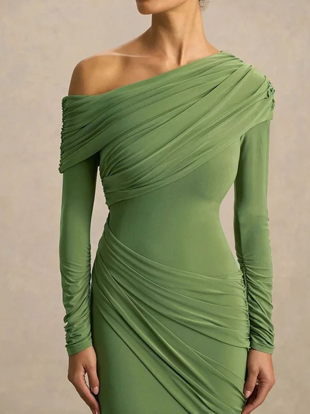 Green One Shoulder Off Shoulder Ruched Drape Long Sleeve Maxi Dress