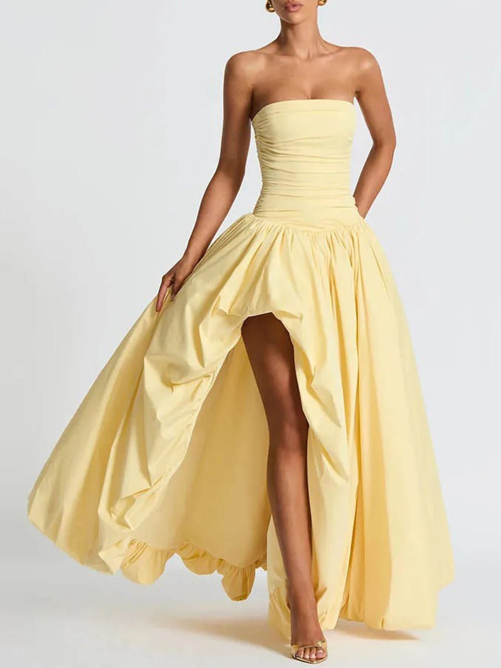 Yellow Strapless Ruched Drop Waist High Split Pocket Maxi Dress