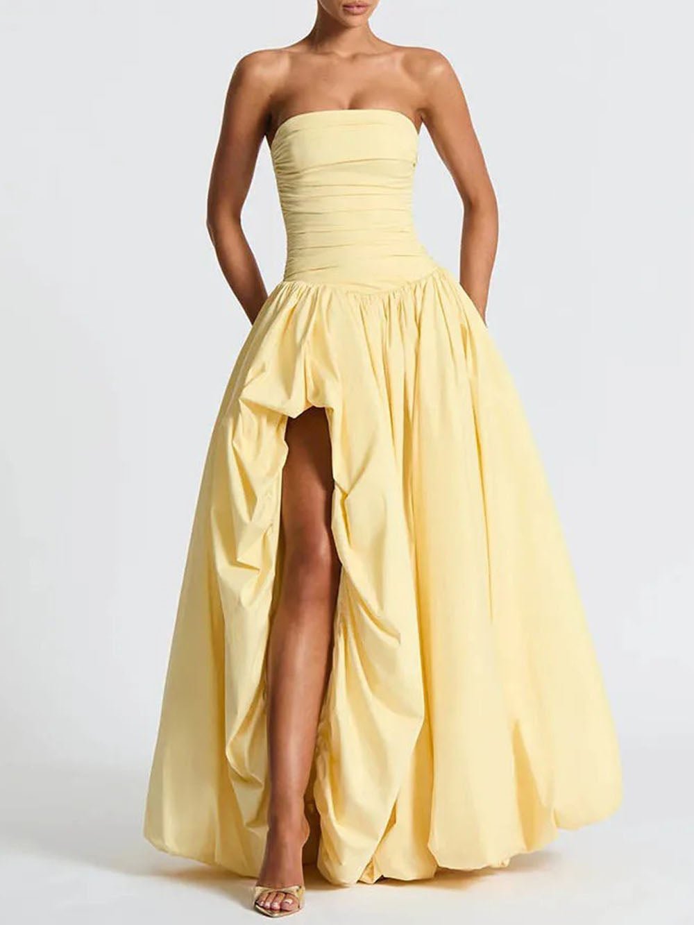 Yellow Strapless Ruched Drop Waist High Split Pocket Maxi Dress