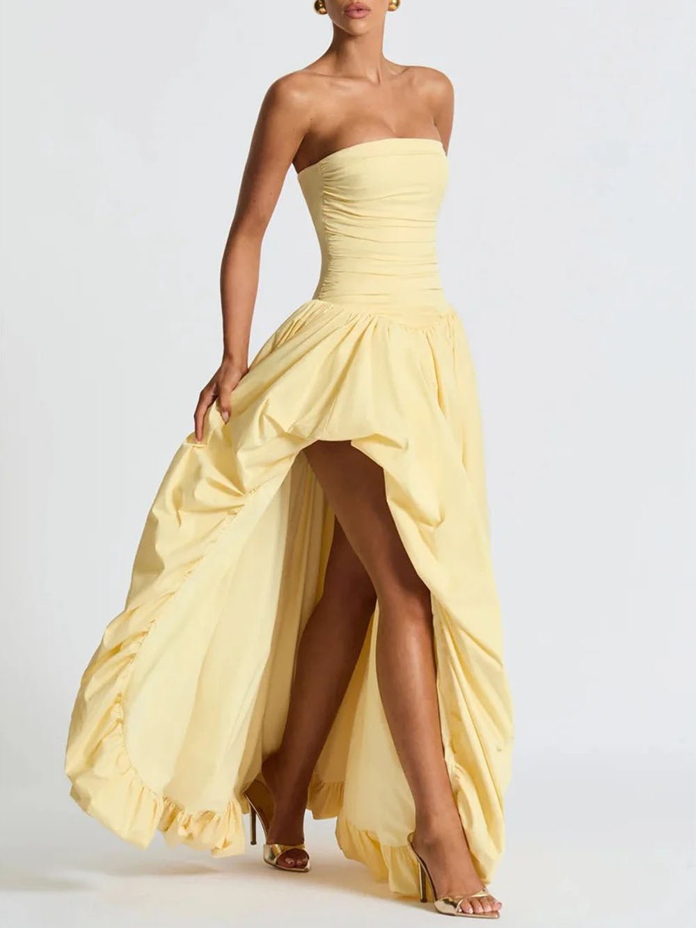 Yellow Strapless Ruched Drop Waist High Split Pocket Maxi Dress