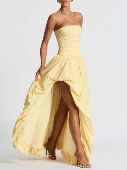 Yellow Strapless Ruched Drop Waist High Split Pocket Maxi Dress