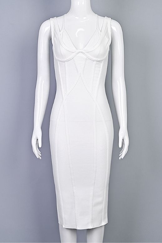 Pearl White Asymmetrical Strap V-Neck Bustier Bandage Midi Dress
