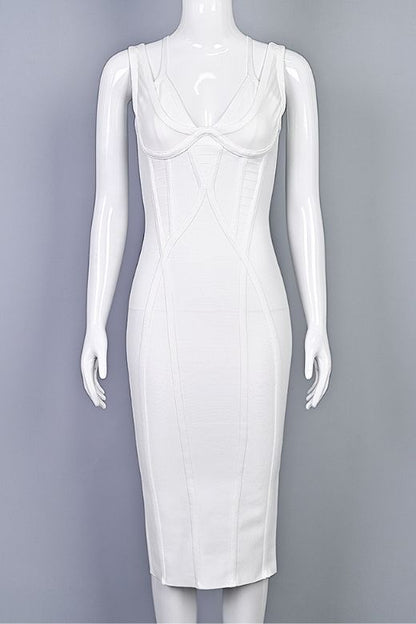 Pearl White Asymmetrical Strap V-Neck Bustier Bandage Midi Dress