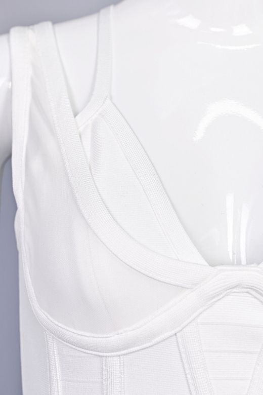 Pearl White Asymmetrical Strap V-Neck Bustier Bandage Midi Dress