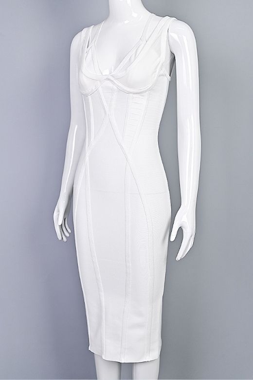 Pearl White Asymmetrical Strap V-Neck Bustier Bandage Midi Dress