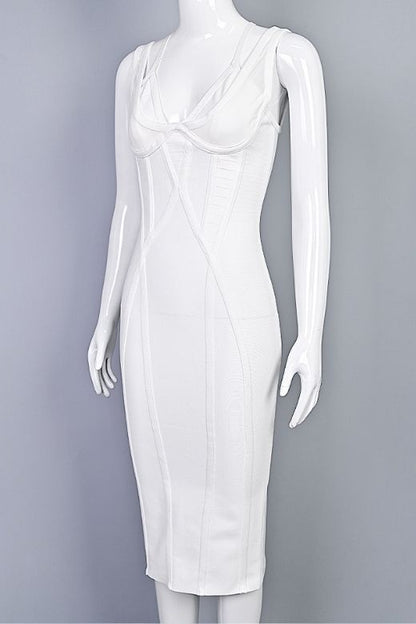 Pearl White Asymmetrical Strap V-Neck Bustier Bandage Midi Dress