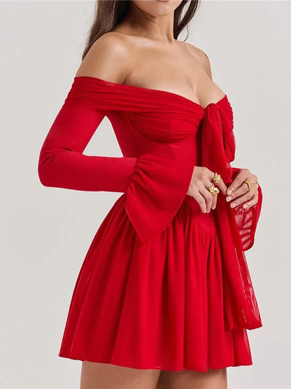 Red Off Shoulder Sweetheart Corset Basque Waist Ruffle Cuff Mini Dress