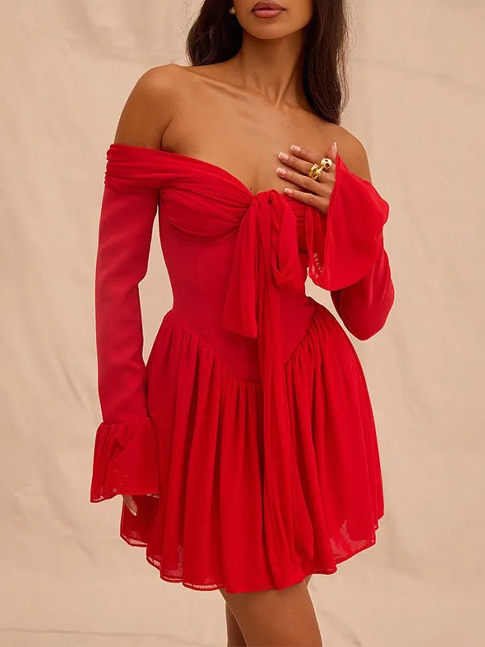 Red Off Shoulder Sweetheart Corset Basque Waist Ruffle Cuff Mini Dress