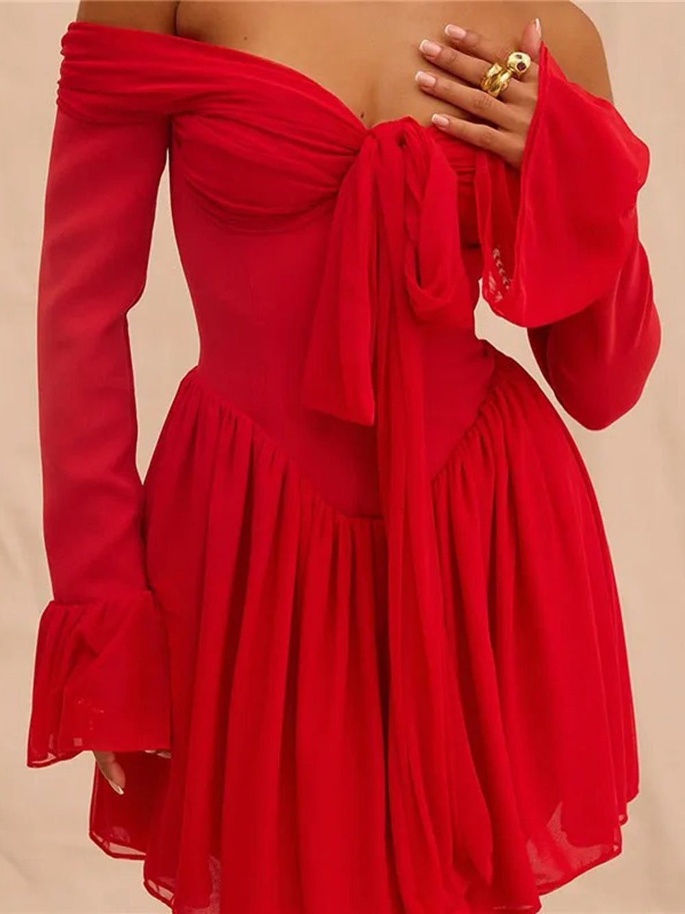 Red Off Shoulder Sweetheart Corset Basque Waist Ruffle Cuff Mini Dress