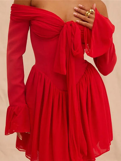 Red Off Shoulder Sweetheart Corset Basque Waist Ruffle Cuff Mini Dress