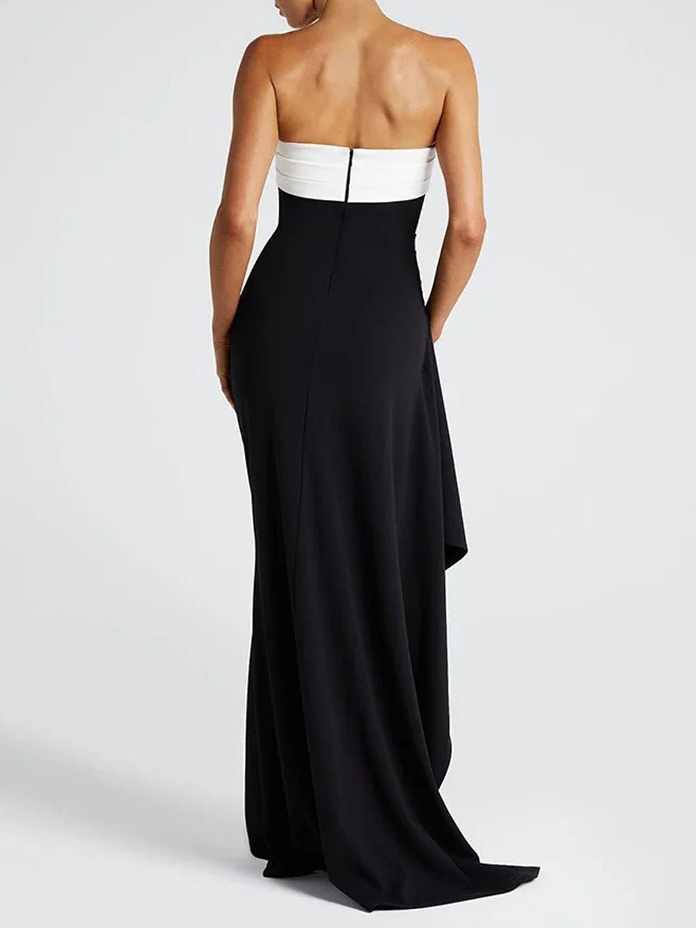 Black Strapless Contrast Band Ruched High Split Drape Maxi Dress