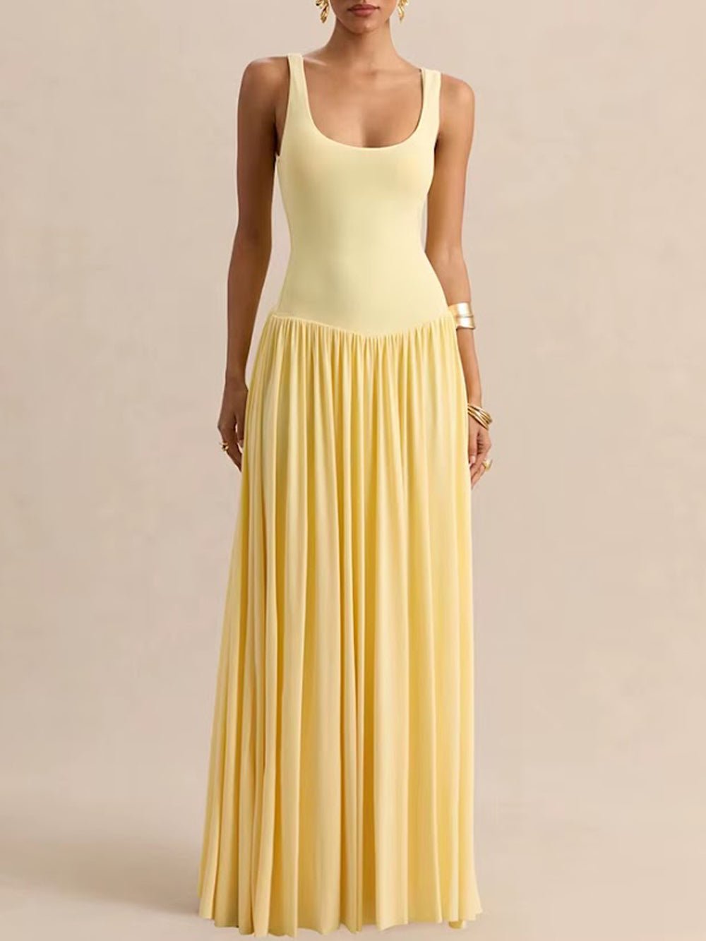 Yellow Knit Scoop Neck Choker Band Sleeveless Drop Waist Pleated Maxi Dress