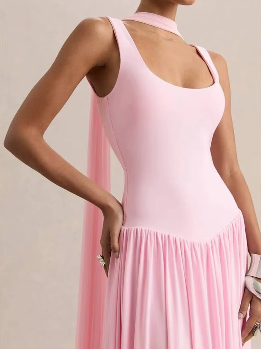 Pink Knit Scoop Neck Choker Band Sleeveless Drop Waist Pleated Maxi Dress