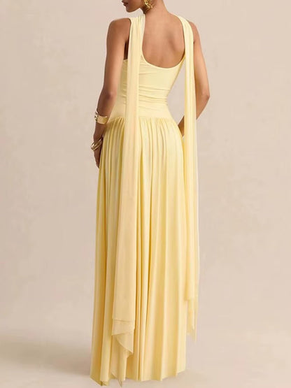 Yellow Knit Scoop Neck Choker Band Sleeveless Drop Waist Pleated Maxi Dress