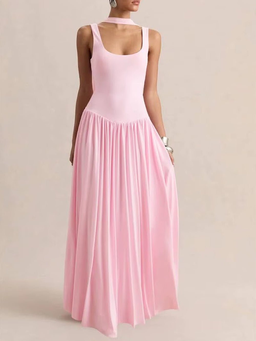 Pink Knit Scoop Neck Choker Band Sleeveless Drop Waist Pleated Maxi Dress