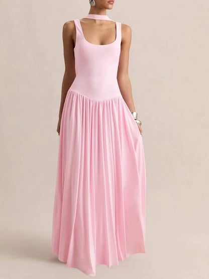 Pink Knit Scoop Neck Choker Band Sleeveless Drop Waist Pleated Maxi Dress