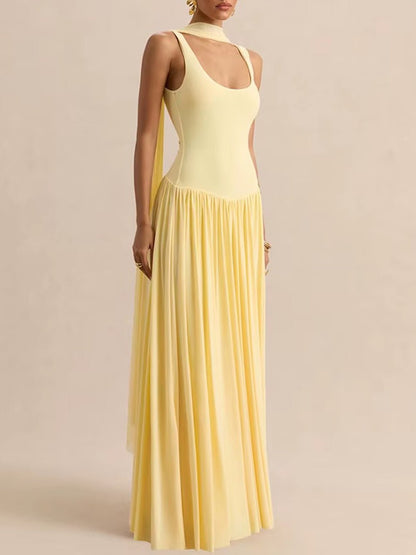 Yellow Knit Scoop Neck Choker Band Sleeveless Drop Waist Pleated Maxi Dress