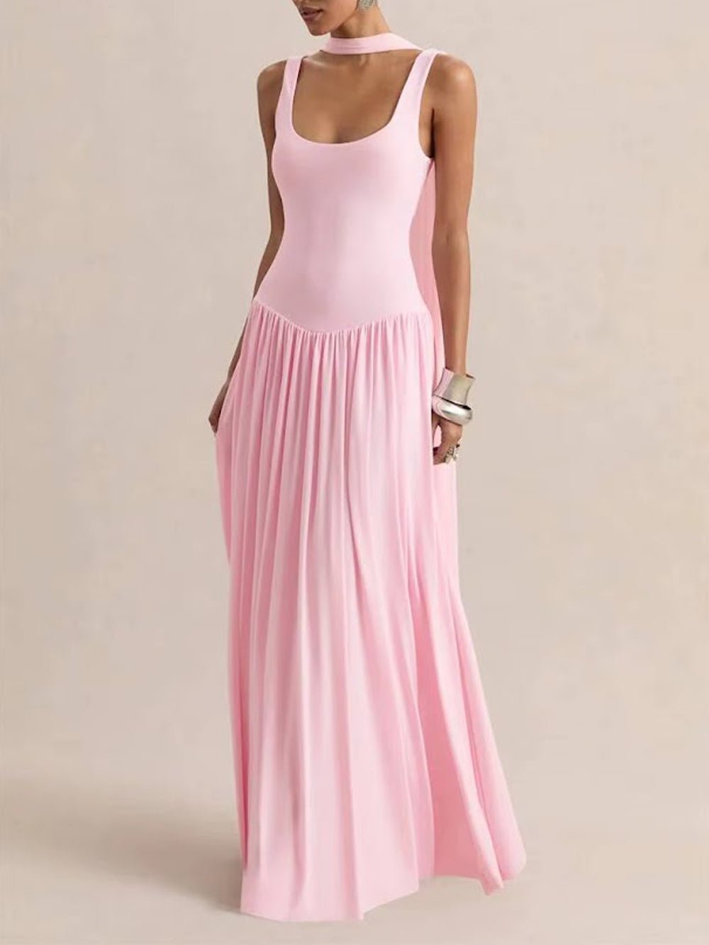 Pink Knit Scoop Neck Choker Band Sleeveless Drop Waist Pleated Maxi Dress