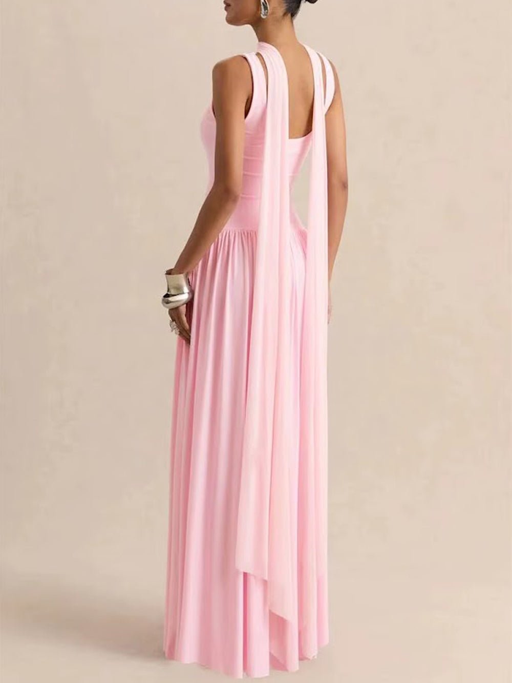 Pink Knit Scoop Neck Choker Band Sleeveless Drop Waist Pleated Maxi Dress