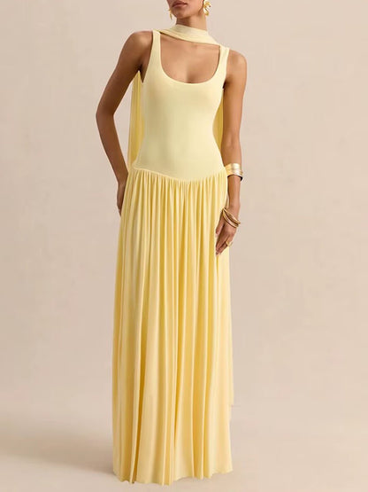 Yellow Knit Scoop Neck Choker Band Sleeveless Drop Waist Pleated Maxi Dress