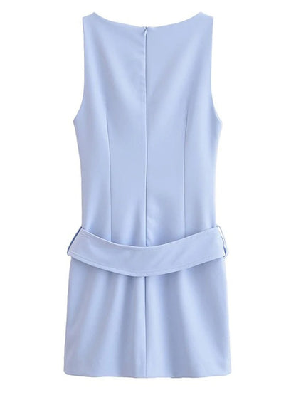 Boat Neck Sleeveless Belted Zip Pocket Bodycon Mini Dress