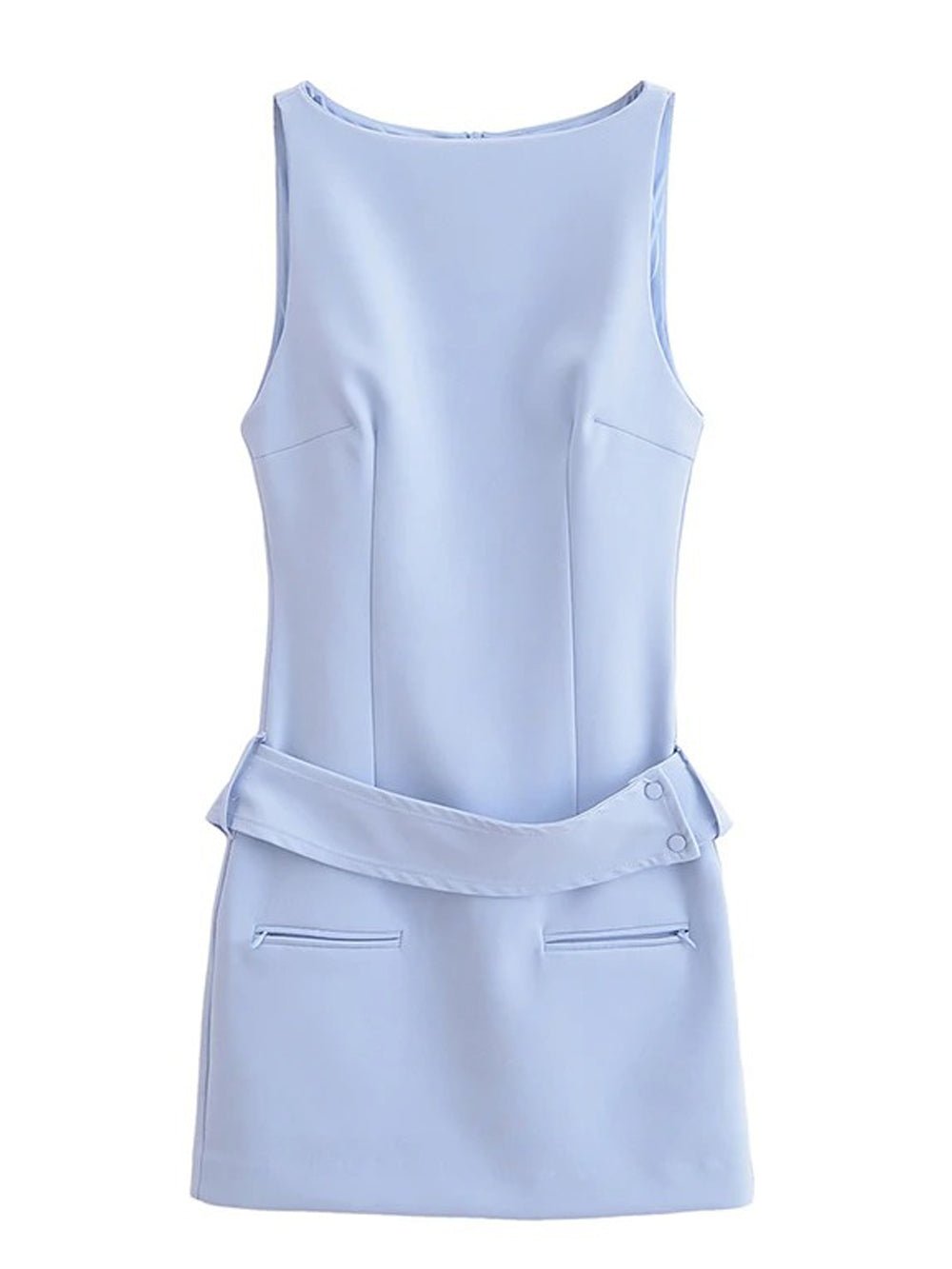 Boat Neck Sleeveless Belted Zip Pocket Bodycon Mini Dress